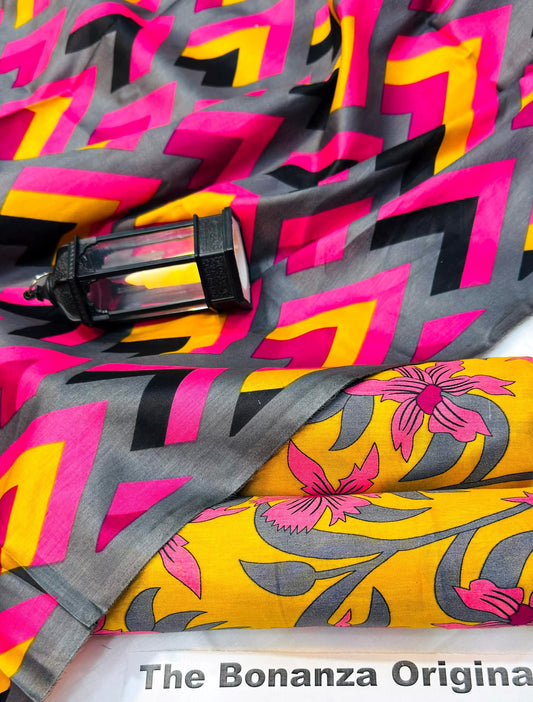 Mustard Floral Printed Kameez Trouser Set with Geometric Dupatta