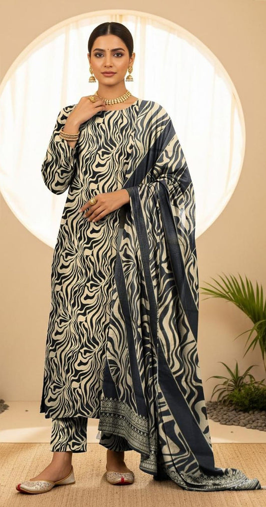 Monochrome Abstract Printed Kameez Trouser Set with Dupatta