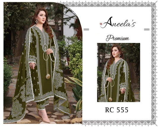 Earthy Olive White Threadwork Lawn Suit with Printed Dupatta