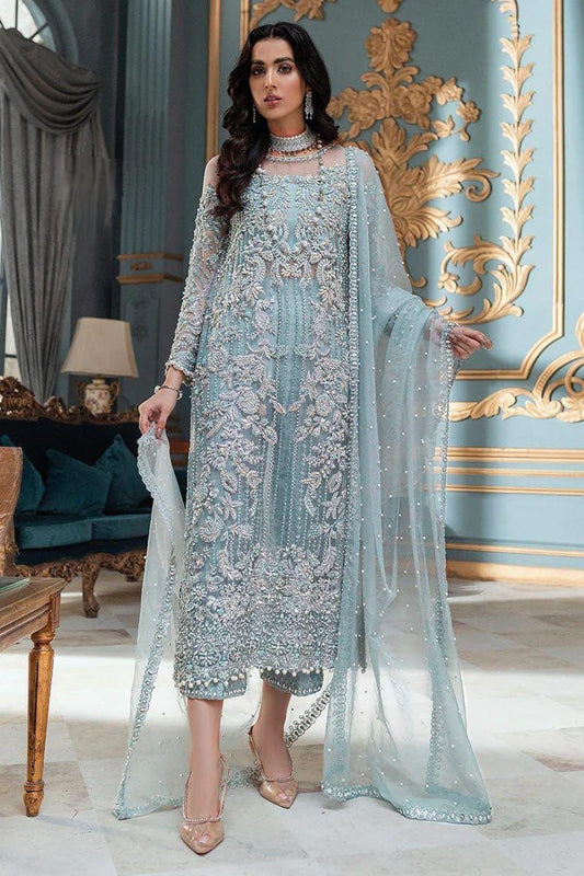LAAM Premium Net 3PC Embroidered Suit with Satin Silk Trouser – Party Wear Collection