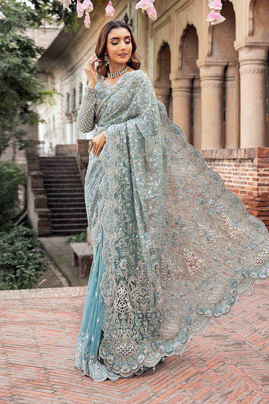 MARIA B Exclusive Heavy Embroidered Net Saree – Premium Collection