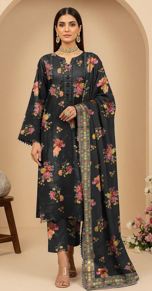 Floral Printed Black Lawn Suit with Embroidered Neckline