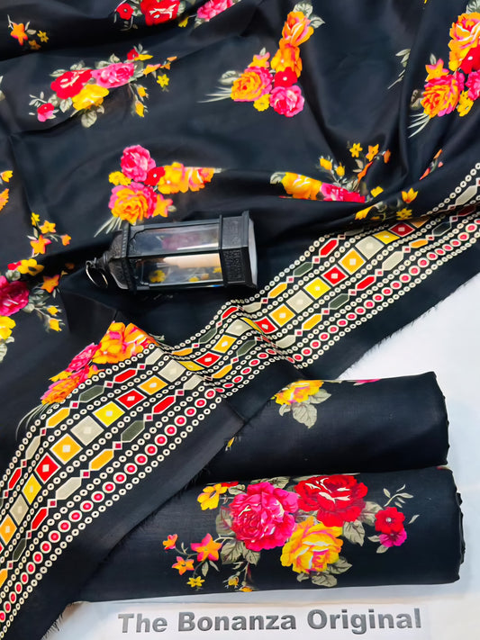 Floral Printed Black Lawn Suit with Embroidered Neckline