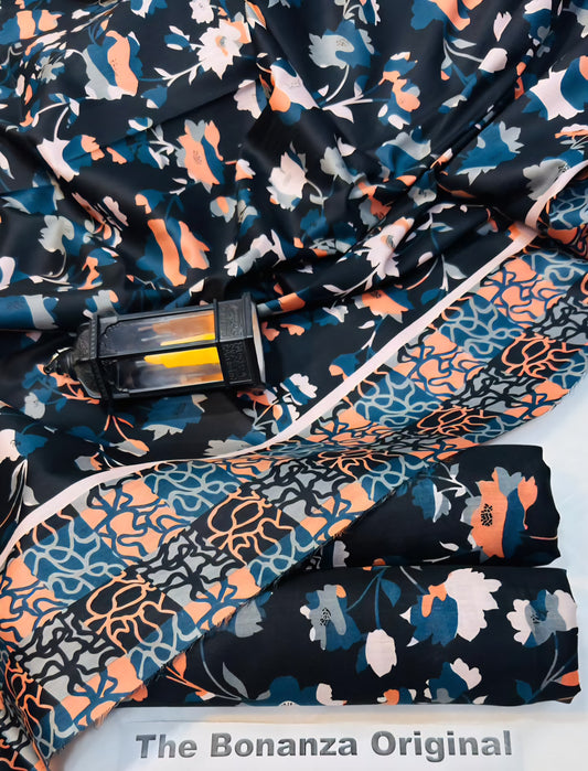 Charcoal Floral Print All-Over Matching Kameez Trouser Set with Dupatta