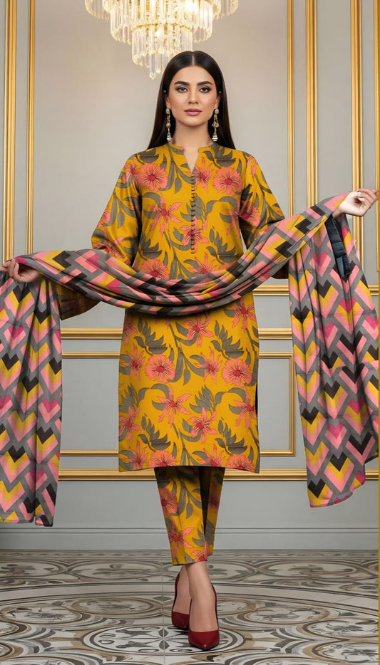 Mustard Floral Printed Kameez Trouser Set with Geometric Dupatta