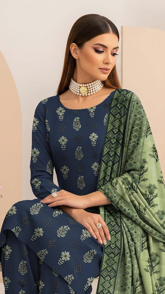 Royal Blue Floral Block-Print Kameez Trouser Set with Sage Dupatta