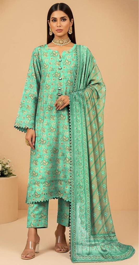 Sea Green Leaf Printed Kameez Trouser Set with Dupatta & Lace Trim