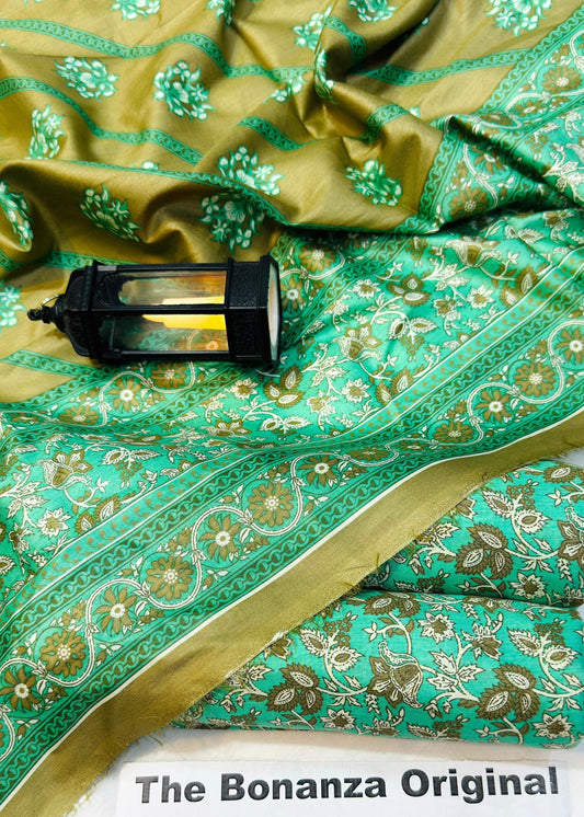 Sea Green Leaf Printed Kameez Trouser Set with Dupatta & Lace Trim