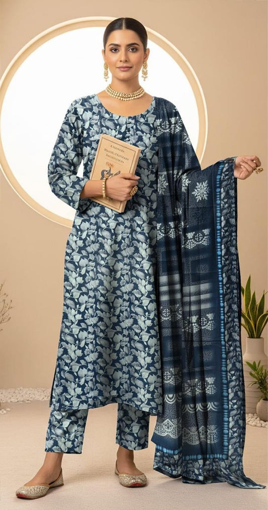 Matching Floral-Leaf Kameez Trouser Set with Printed Dupatta