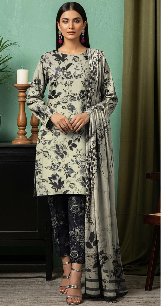 Sage Green & Charcoal Floral Printed Kameez Set with Printed Dupatta