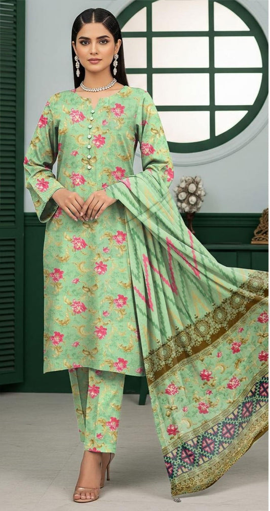 Mint Green Floral Printed Kameez Trouser Set with Printed Dupatta