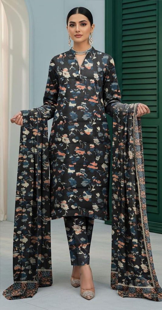 Charcoal Floral Print All-Over Matching Kameez Trouser Set with Dupatta