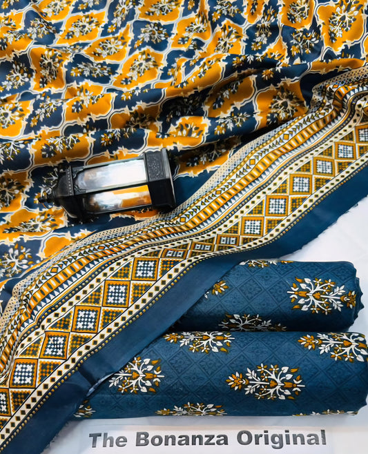 Teal Blue & Mustard Yellow Printed 3 Pc Suit