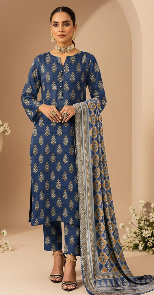 Teal Blue & Mustard Yellow Printed 3 Pc Suit