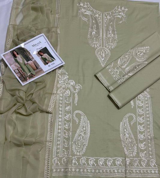 Sage Green Paisley Embroidered Lawn Suit with Chiffon Dupatta