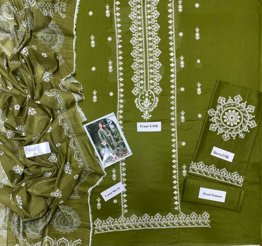 Earthy Olive White Threadwork Lawn Suit with Printed Dupatta