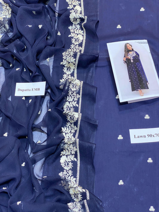 Midnight Navy Embroidered Lawn Suit with Chiffon Dupatta