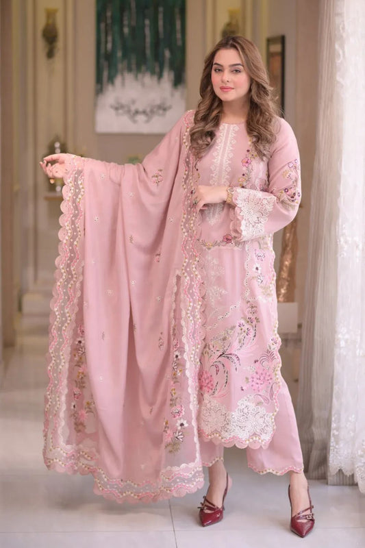 Dusty Pink Pastel Floral Embroidered Suit with Scalloped Dupatta