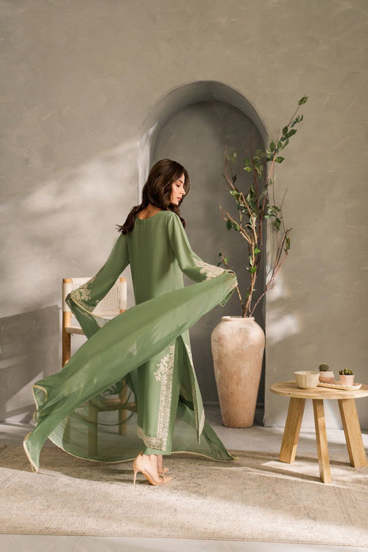 Earthy Olive White Threadwork Lawn Suit with Printed Dupatta
