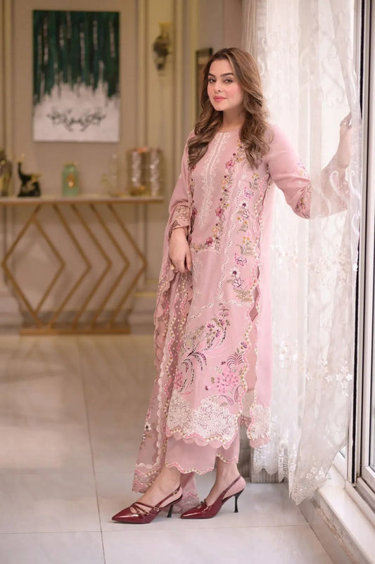 Dusty Pink Pastel Floral Embroidered Suit with Scalloped Dupatta