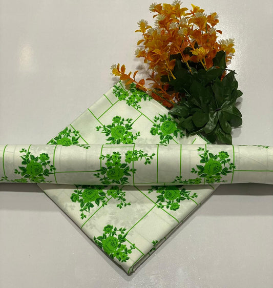 Classic Off-White & Green Rose Lattice Printed Lawn Fabric