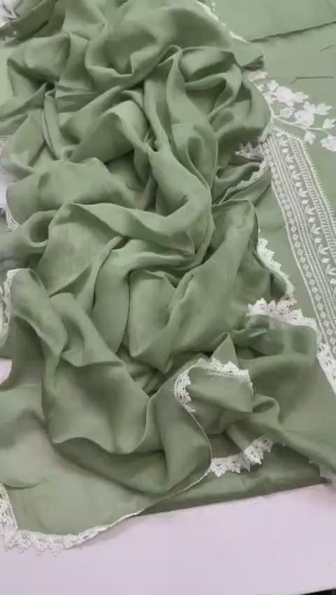 Sage Green Paisley Embroidered Lawn Suit with Chiffon Dupatta