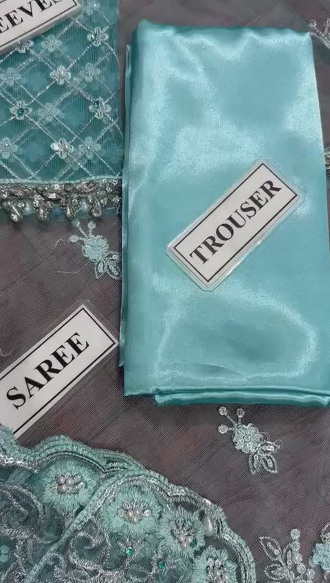 MARIA B Exclusive Heavy Embroidered Net Saree – Premium Collection