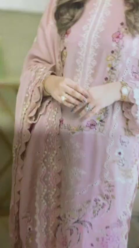 Dusty Pink Pastel Floral Embroidered Suit with Scalloped Dupatta