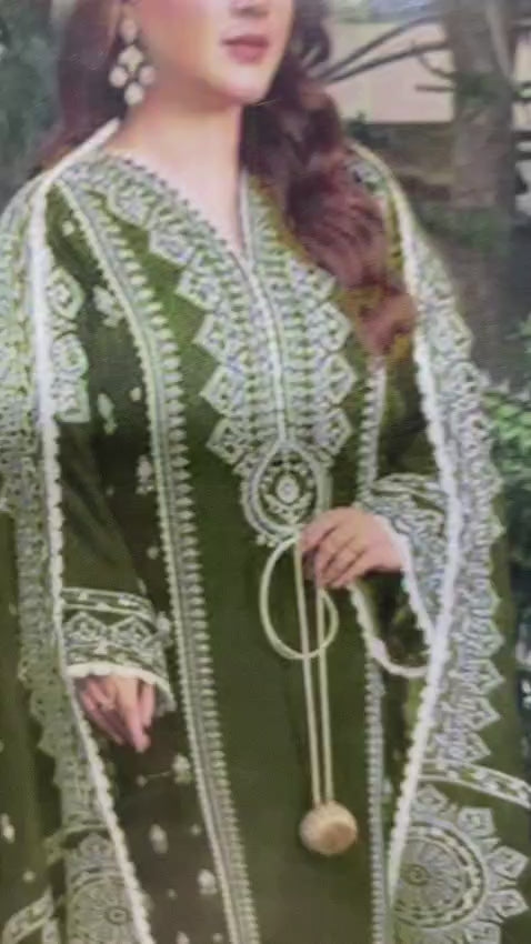 Earthy Olive White Threadwork Lawn Suit with Printed Dupatta