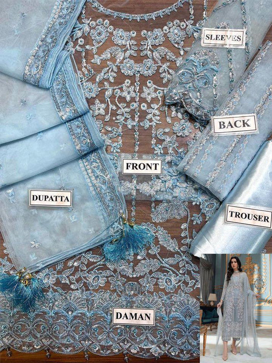LAAM Premium Net 3PC Embroidered Suit with Satin Silk Trouser – Party Wear Collection