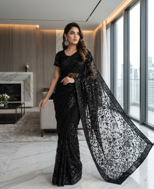 Premium Jamawar Saree with Heavy Embroidered Net Pallu – Party Wear Collection