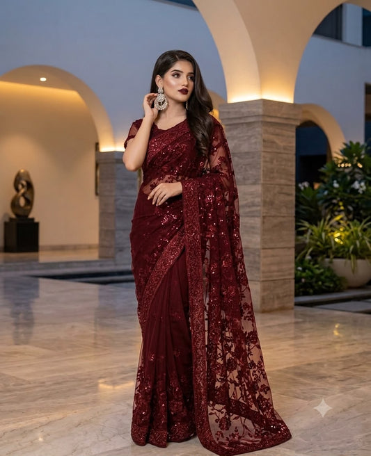 Premium Jamawar Saree with Heavy Embroidered Net Pallu – Party Wear Collection