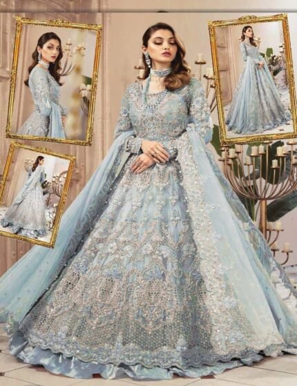 Maria.B Bridal Wedding Edition – Luxury Net Embroidered Maxi with Silk Trouser & Dupatta (6 Colors Available)