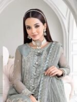 Jhil Mil Chiffon Collection – 3PC Fully Embroidered Spangle Work Suit with Net Dupatta & Malai Trouser - Image 20