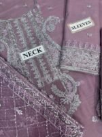 Jhil Mil Chiffon Collection – 3PC Fully Embroidered Spangle Work Suit with Net Dupatta & Malai Trouser - Image 15