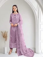 Jhil Mil Chiffon Collection – 3PC Fully Embroidered Spangle Work Suit with Net Dupatta & Malai Trouser