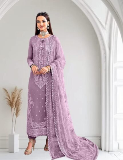 Jhil Mil Chiffon Collection – 3PC Fully Embroidered Spangle Work Suit with Net Dupatta & Malai Trouser