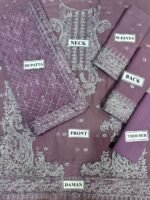 Jhil Mil Chiffon Collection – 3PC Fully Embroidered Spangle Work Suit with Net Dupatta & Malai Trouser - Image 12