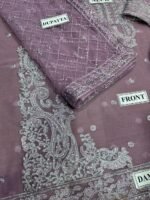 Jhil Mil Chiffon Collection – 3PC Fully Embroidered Spangle Work Suit with Net Dupatta & Malai Trouser - Image 13