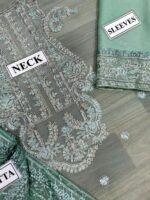 Jhil Mil Chiffon Collection – 3PC Fully Embroidered Spangle Work Suit with Net Dupatta & Malai Trouser - Image 11