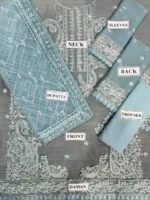 Jhil Mil Chiffon Collection – 3PC Fully Embroidered Spangle Work Suit with Net Dupatta & Malai Trouser - Image 7