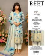 Reet Linen Winter Collection – 3PC Digital Printed Shirt with Embroidered Daman Patch & Border Dupatta