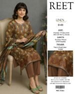 Reet Linen Winter Collection – 3PC Digital Printed Shirt with Embroidered Daman Patch & Border Dupatta - Image 6
