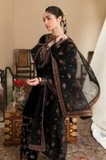 Baroque Jazmin Velvet Wedding Collection – Black 3PC Heavy Embroidered Suit with Cutwork Organza Dupatta