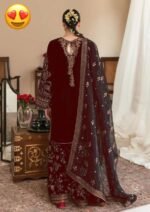 Baroque Jazmin Velvet Wedding Collection – Black 3PC Heavy Embroidered Suit with Cutwork Organza Dupatta - Image 8
